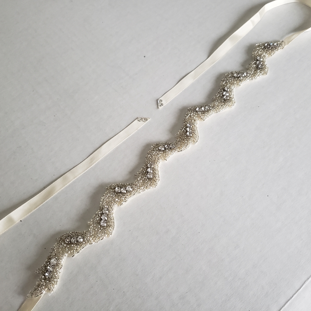 2/$10 Austrian Crystal, Beaded Silver & Ivory Ribbon Bridal Headband